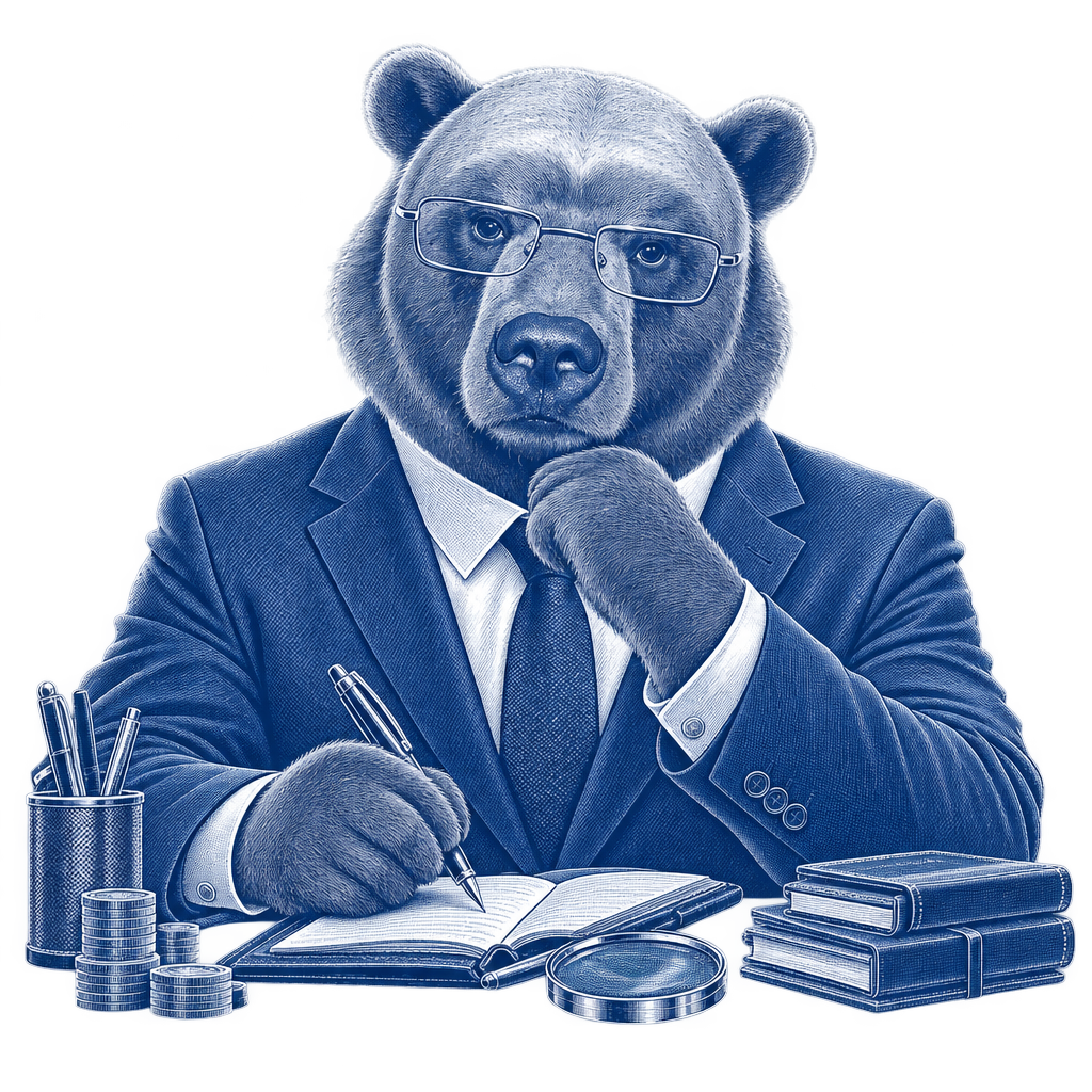 The Financier Bear seated at a desk, writing in a ledger beside coins and a magnifying glass