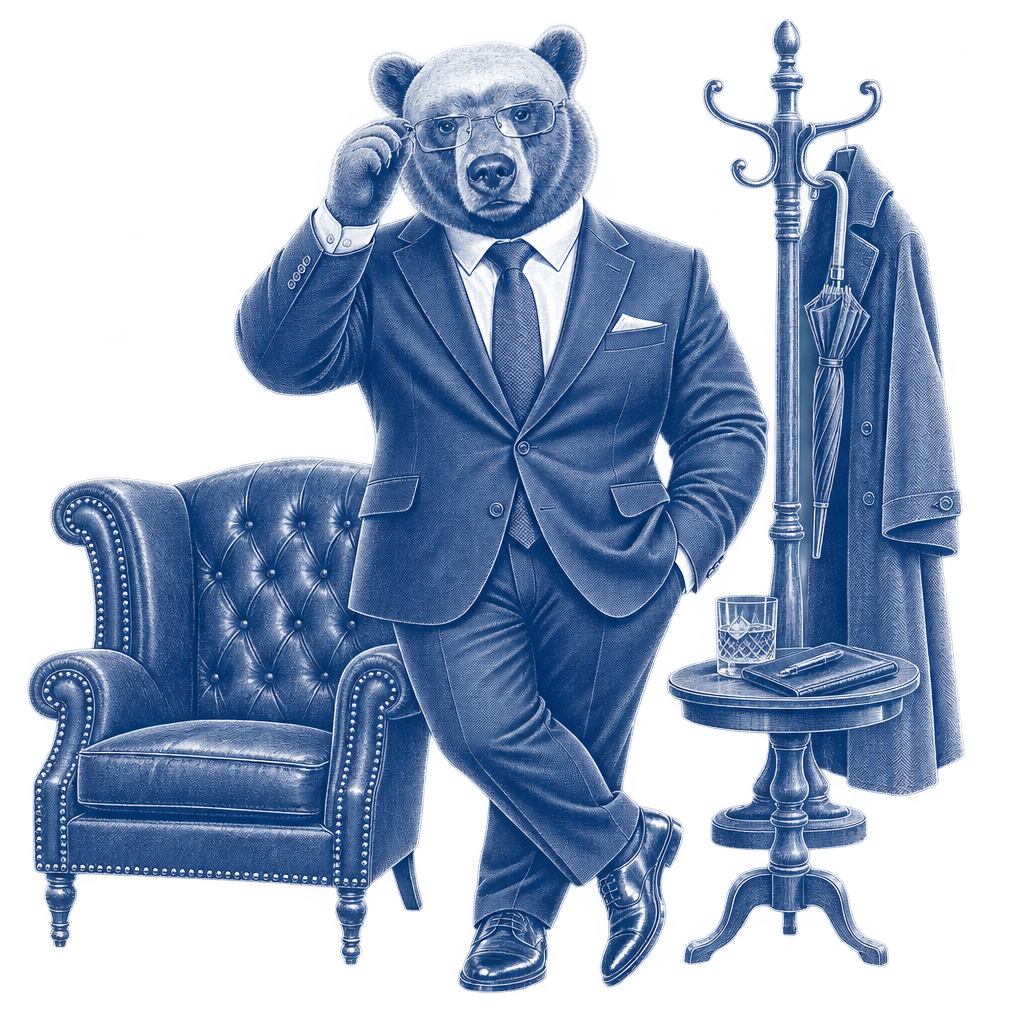 The Financier Bear adjusting his glasses beside an armchair and coat rack